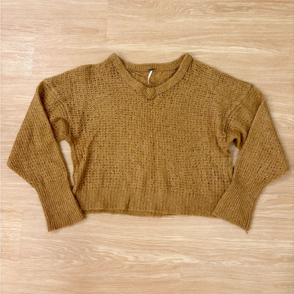 Free People Alpaca Wool Blend Cropped Open Knit Sweater Boho Textured Brown S